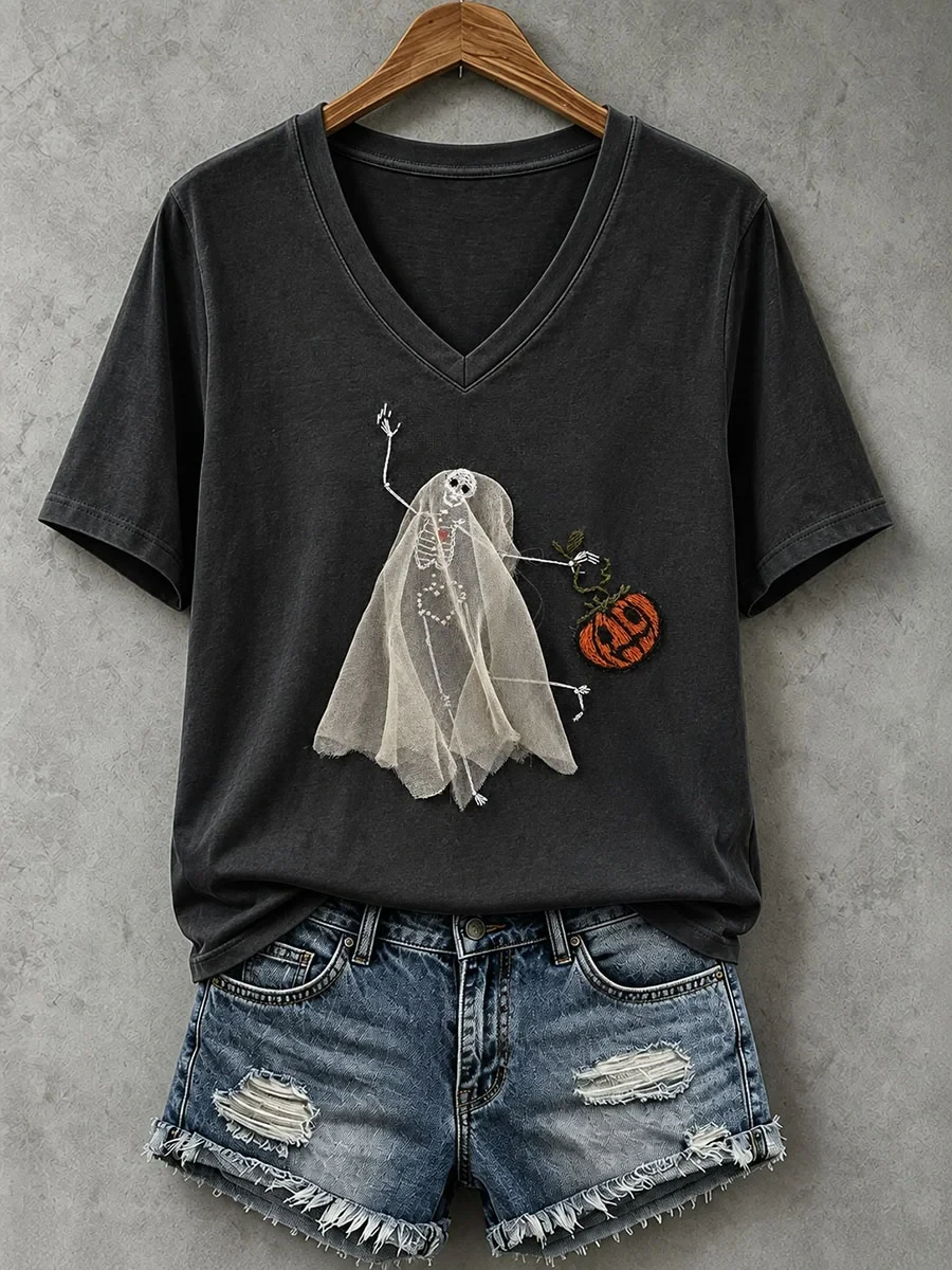 Gothic Skull Dancing V-Neck Shirt Halloween Tees Womens Gift Ideas For Her - Kdjoy