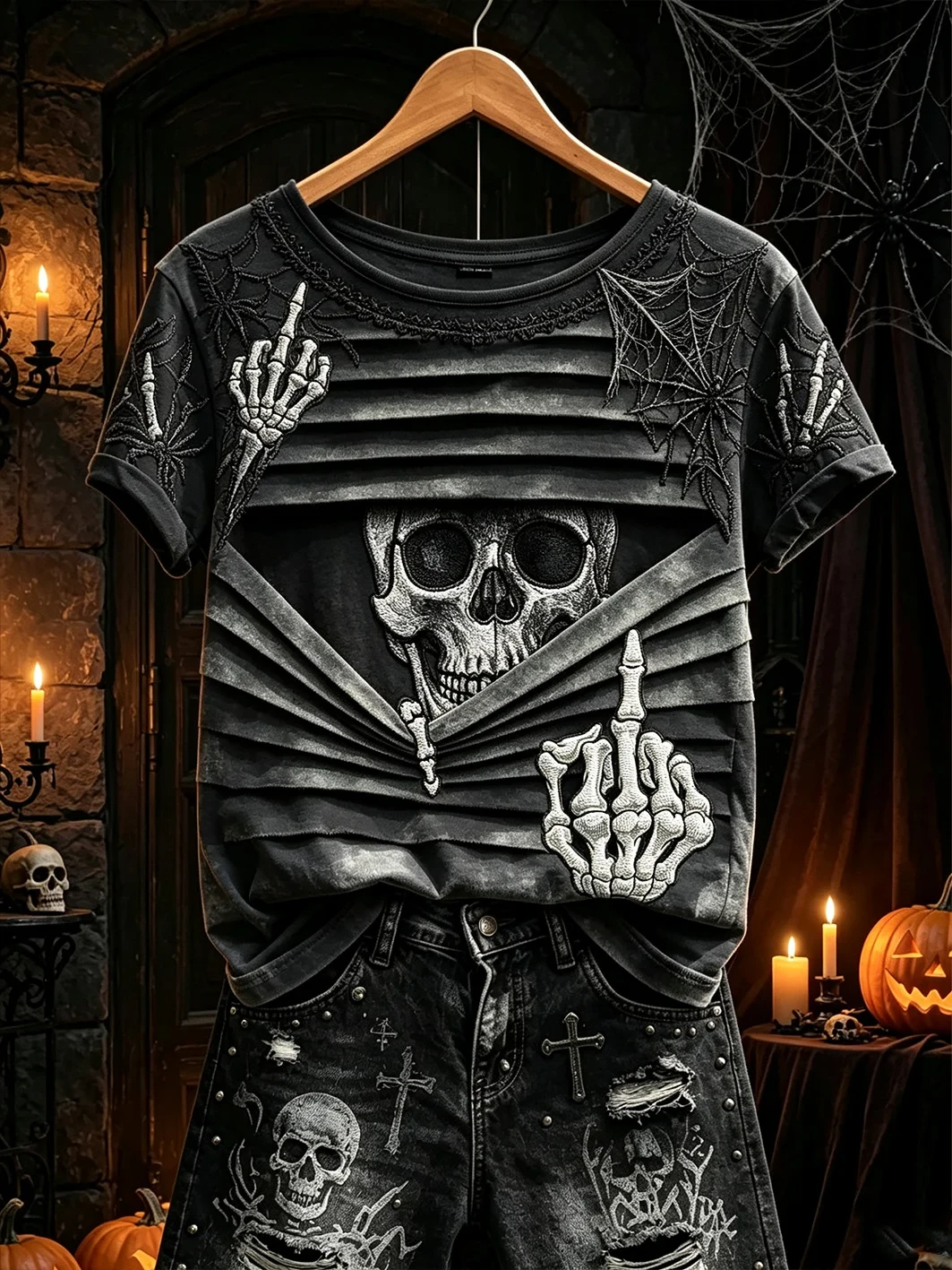 Gothic Skull Middle Finger T-Shirt Halloween Inspired Clothing Halloween Present Ideas - Kdjoy