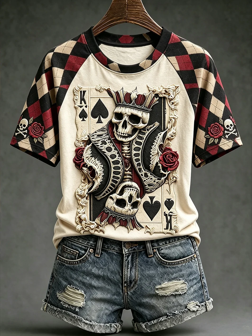 Gothic Skull Poker Element T-Shirt Spooky Season Apparel Halloween Gift For Her - Kdjoy