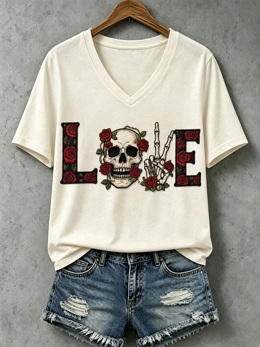 Gothic Skull Rose Love V-Neck Shirt Unique Halloween Clothes Gift For Girlfriend - Kdjoy Gothic Skull Rose Love V-Neck Shirt Unique Halloween Clothes Gift For Girlfriend - Kdjoy