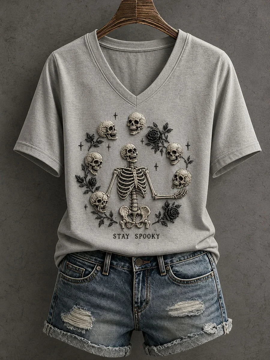 Gothic Skull Stay Spooky V-Neck Shirt Halloween Horror Nights Apparel Gift For Her - Kdjoy Gothic Skull Stay Spooky V-Neck Shirt Halloween Horror Nights Apparel Gift For Her - Kdjoy