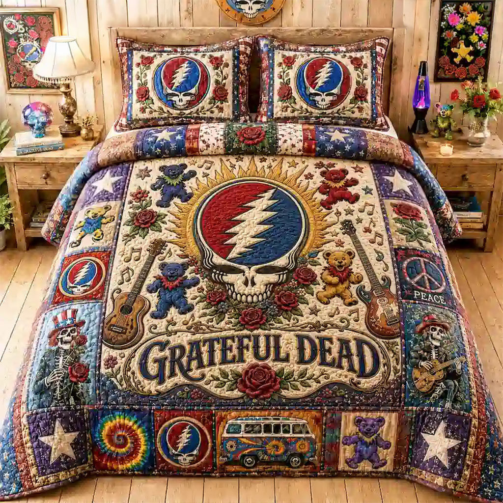 Grateful Dead Dancing Bear Quilt Bedding Set Grateful Dead Merch Gift For Music Lovers Decor - Kdjoy