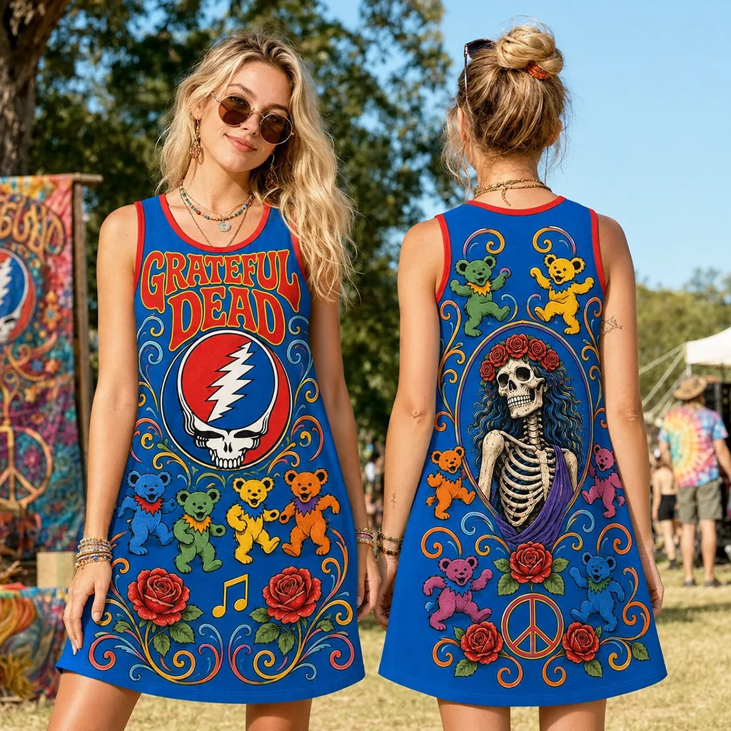 Grateful Dead Dancing Bears Blue Sleeveless Dress 2026 Grateful Dead Merch Best Gift For Women - Kdjoy Grateful Dead Dancing Bears Blue Sleeveless Dress 2026 Grateful Dead Merch Best Gift For Women - Kdjoy