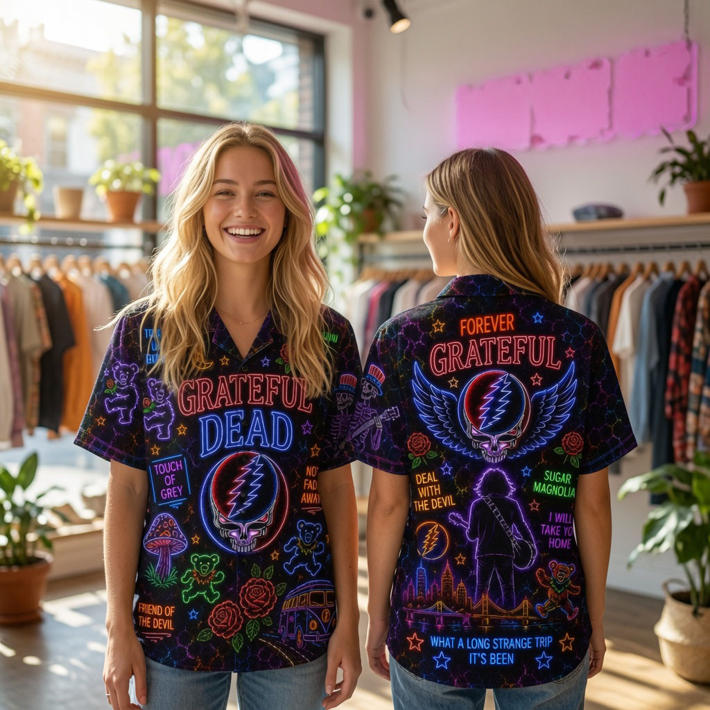 Grateful Dead Neon Steal Your Face Dancing Bears Hawaiian Shirt Grateful Dead Merch Fan Gifts - Kdjoy