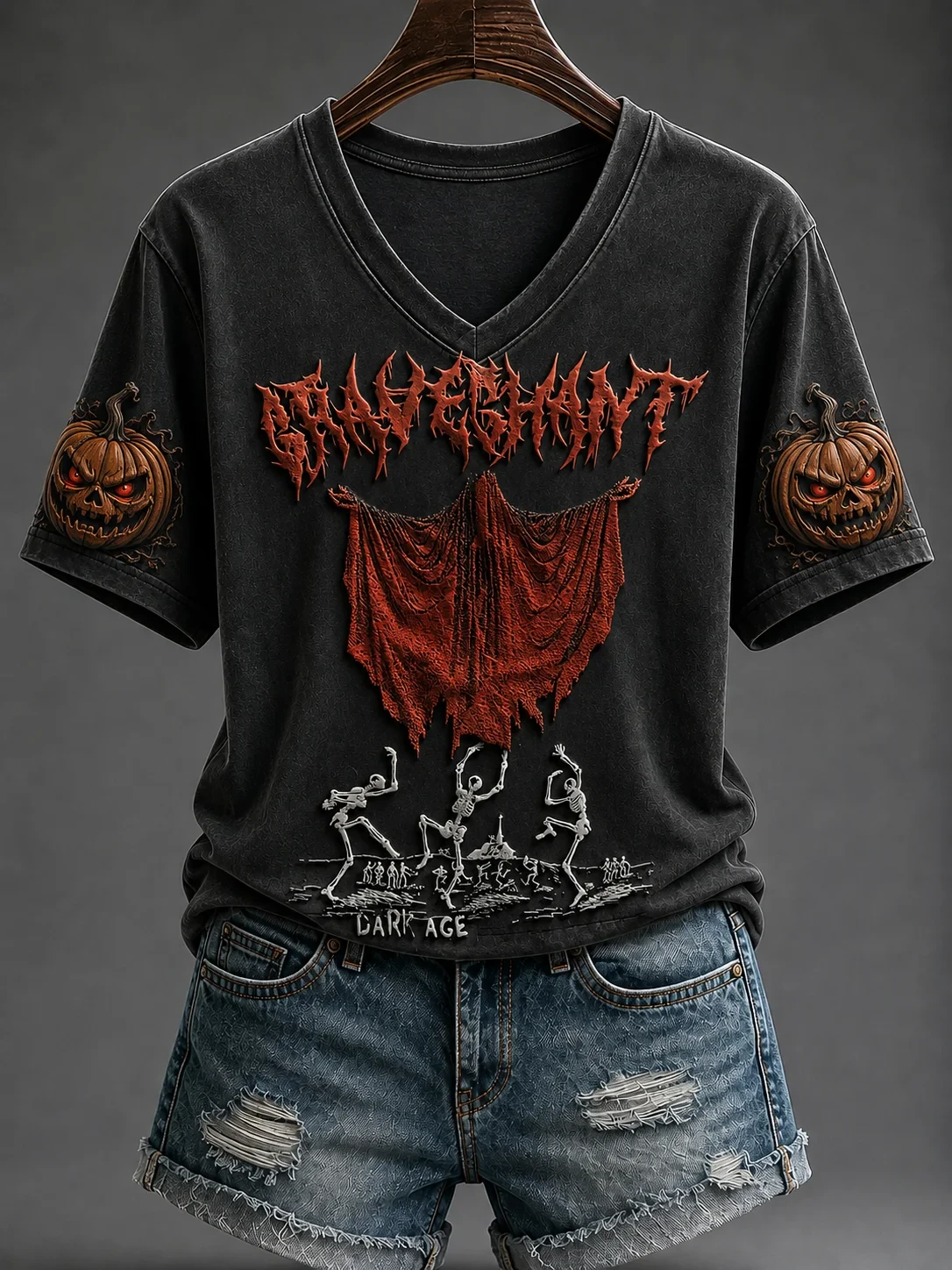 Gravechant Metal Halloween V-Neck Shirt Dancing Skeleton Dark Age Tee Spooky Gifts Ideas - Kdjoy Gravechant Metal Halloween V-Neck Shirt Dancing Skeleton Dark Age Tee Spooky Gifts Ideas - Kdjoy