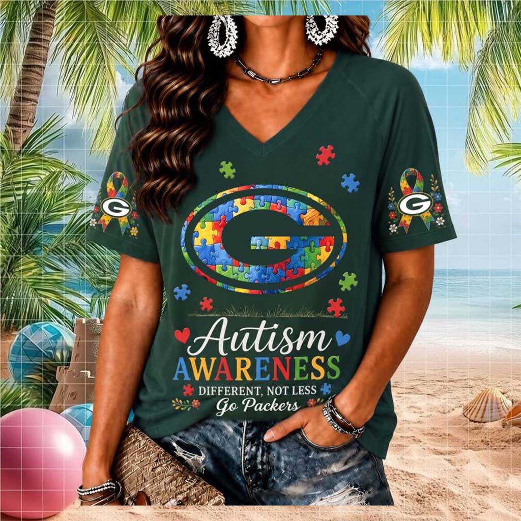 Green Bay Packers Autism Awareness Different Not Less V-Neck Shirt Packers Merch Fan Gifts - Kdjoy