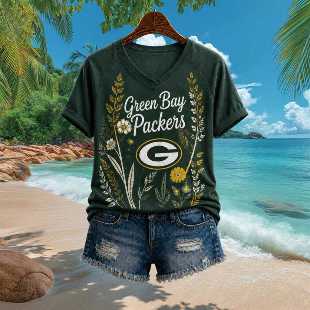 Green Bay Packers Floral Boho Football Team V-Neck Shirt Packers Merch Gifts For Sisters - Kdjoy