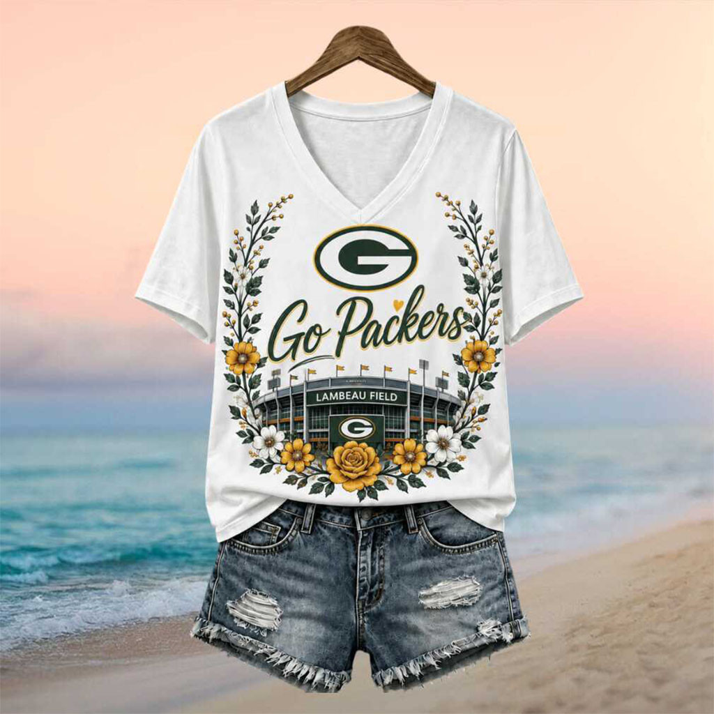 Green Bay Packers Lambeau Field Floral Wreath V-Neck Shirt Packers Merch Gifts For Fans - Kdjoy