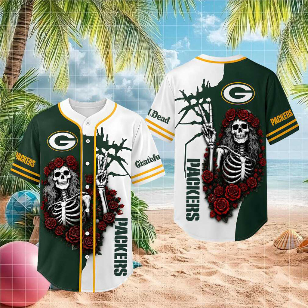Green Bay Packers Skeleton Grateful Roses Baseball Jersey Packers Merch Gifts For Dad - Kdjoy Green Bay Packers Skeleton Grateful Roses Baseball Jersey Packers Merch Gifts For Dad - Kdjoy