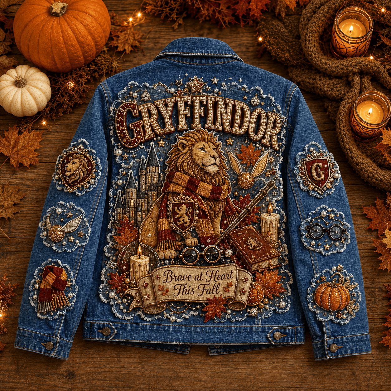 Gryffindor Brave At Heart This Fall Denim Jacket Harry Potter Merch Gifts For Friends - Kdjoy