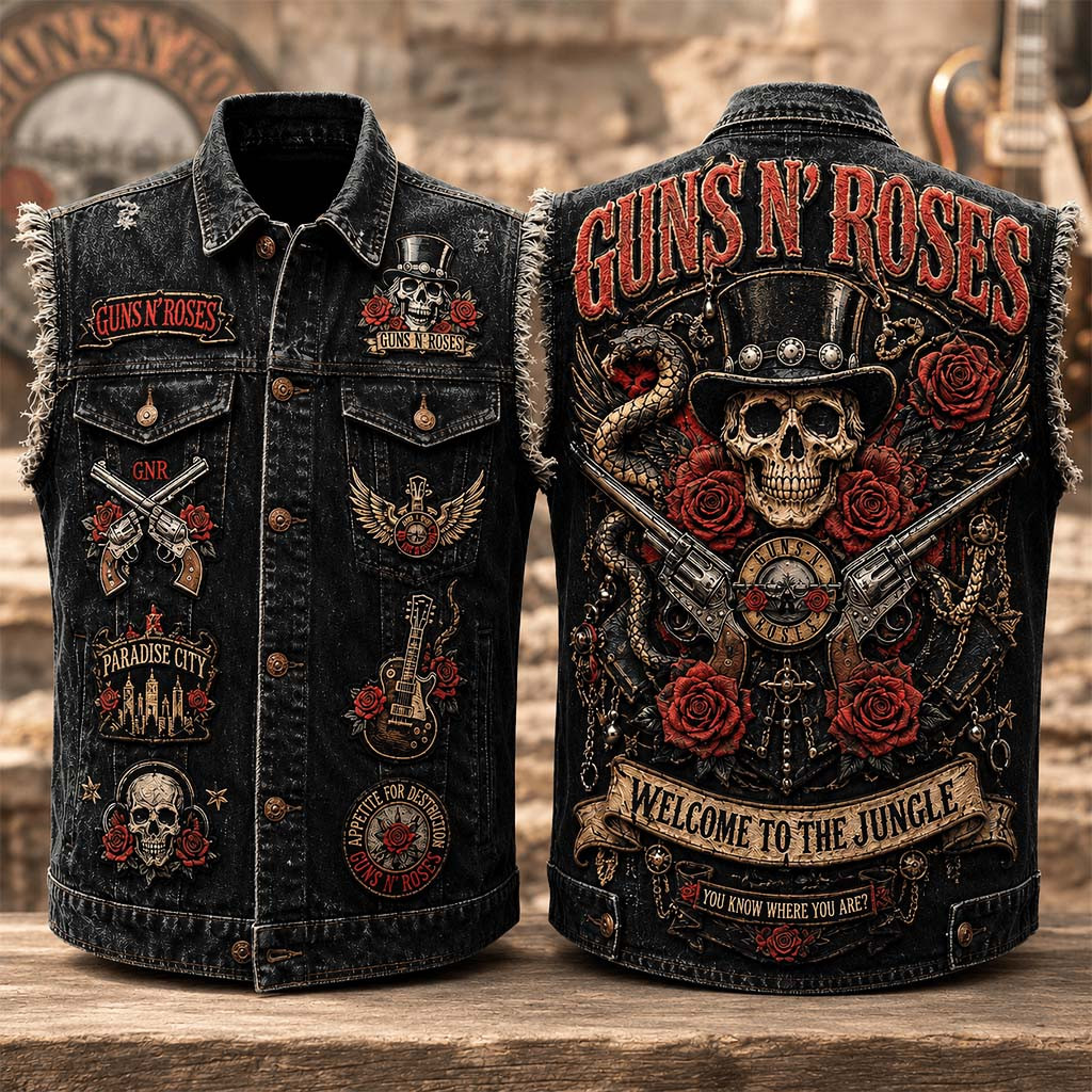 Guns N Roses Welcome To The Jungle Denim Vest Guns N Roses Merch Gift Ideas For Husband - Kdjoy