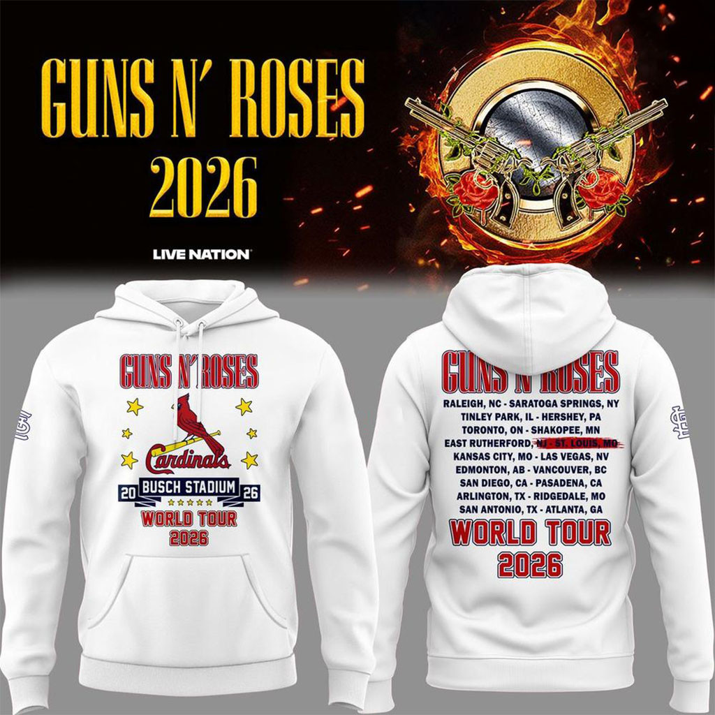 Guns N Roses x St Louis Cardinals World Tour 2026 Busch Stadium Hoodie White Cardinals Merch - Kdjoy Guns N Roses x St Louis Cardinals World Tour 2026 Busch Stadium Hoodie White Cardinals Merch - Kdjoy