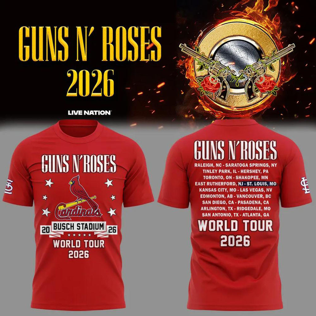 Guns N Roses x St Louis Cardinals World Tour 2026 Busch Stadium Shirt Red Cardinals Merch - Kdjoy Guns N Roses x St Louis Cardinals World Tour 2026 Busch Stadium Shirt Red Cardinals Merch - Kdjoy