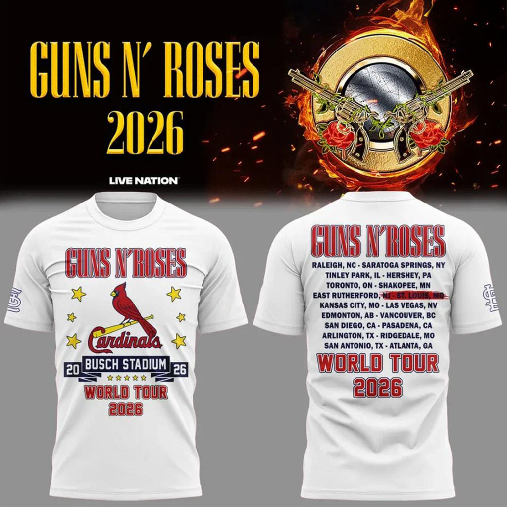 Guns N Roses x St Louis Cardinals World Tour 2026 Busch Stadium Shirt White Cardinals Merch - Kdjoy Guns N Roses x St Louis Cardinals World Tour 2026 Busch Stadium Shirt White Cardinals Merch - Kdjoy