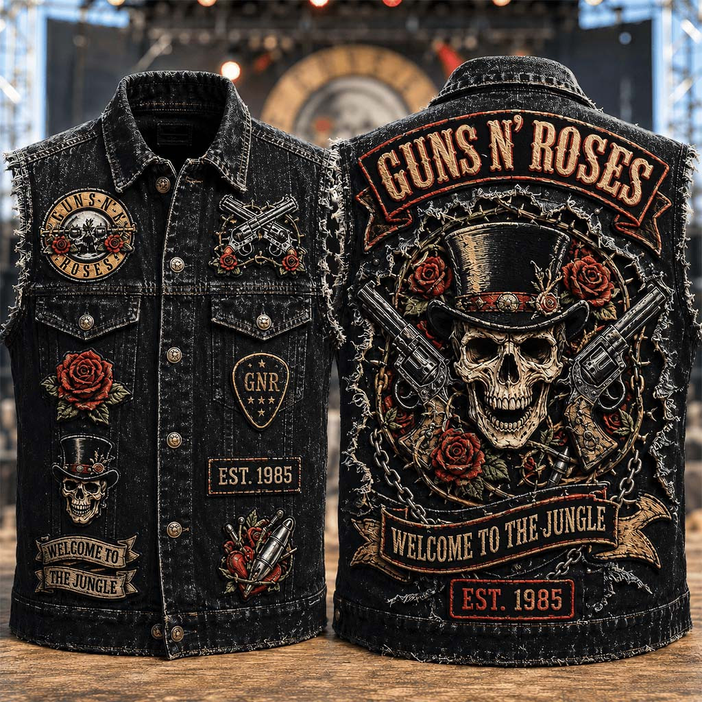 Guns N'Roses Welcome To The Jungle Denim Vest Guns N'Roses Merch Gift For Band Fans - Kdjoy Guns N'Roses Welcome To The Jungle Denim Vest Guns N'Roses Merch Gift For Band Fans - Kdjoy