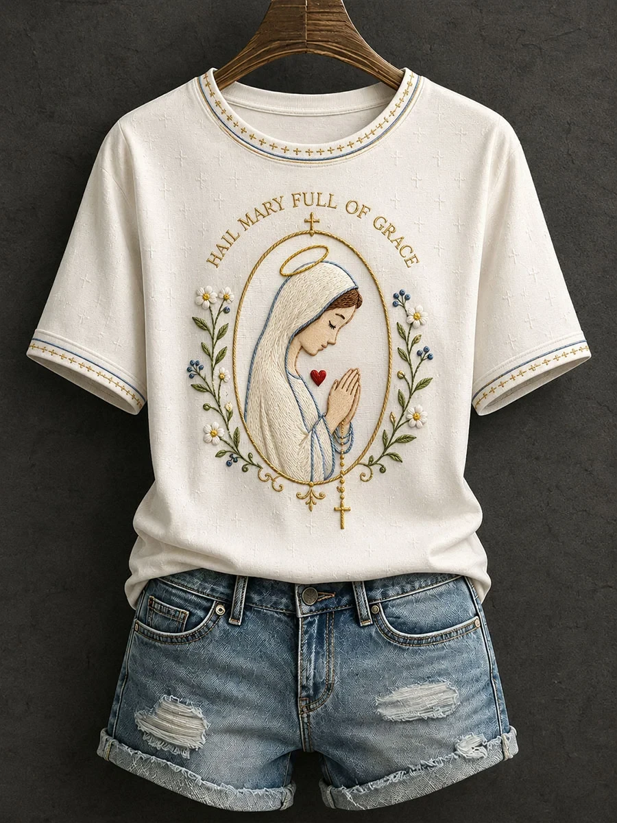 Hail Mary Full Of Grace Shirt Floral Virgin Mary Apparel Gift For Christian Mom - Kdjoy