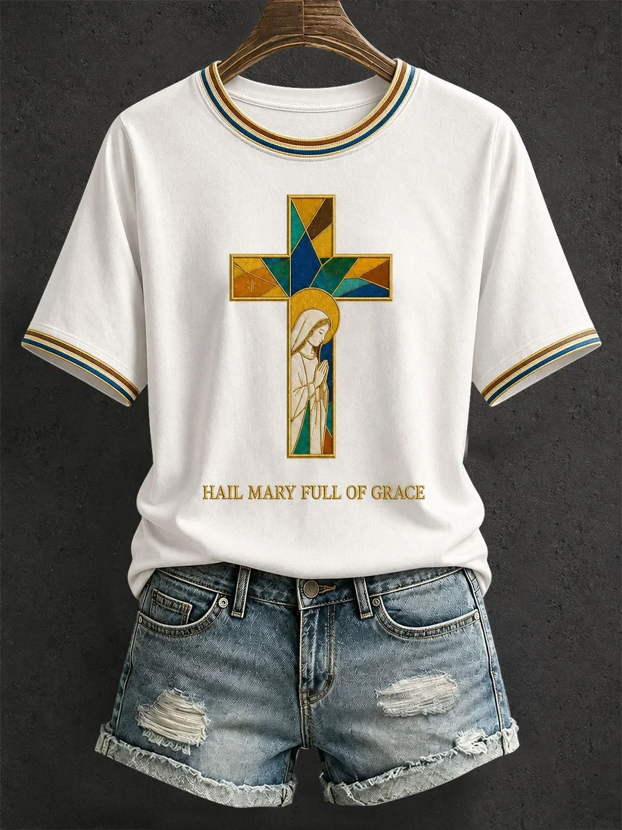 Hail Mary Full Of Grace T-Shirt Faith Cross Shirt Christian Trendy Outfits Gift For Mom - Kdjoy