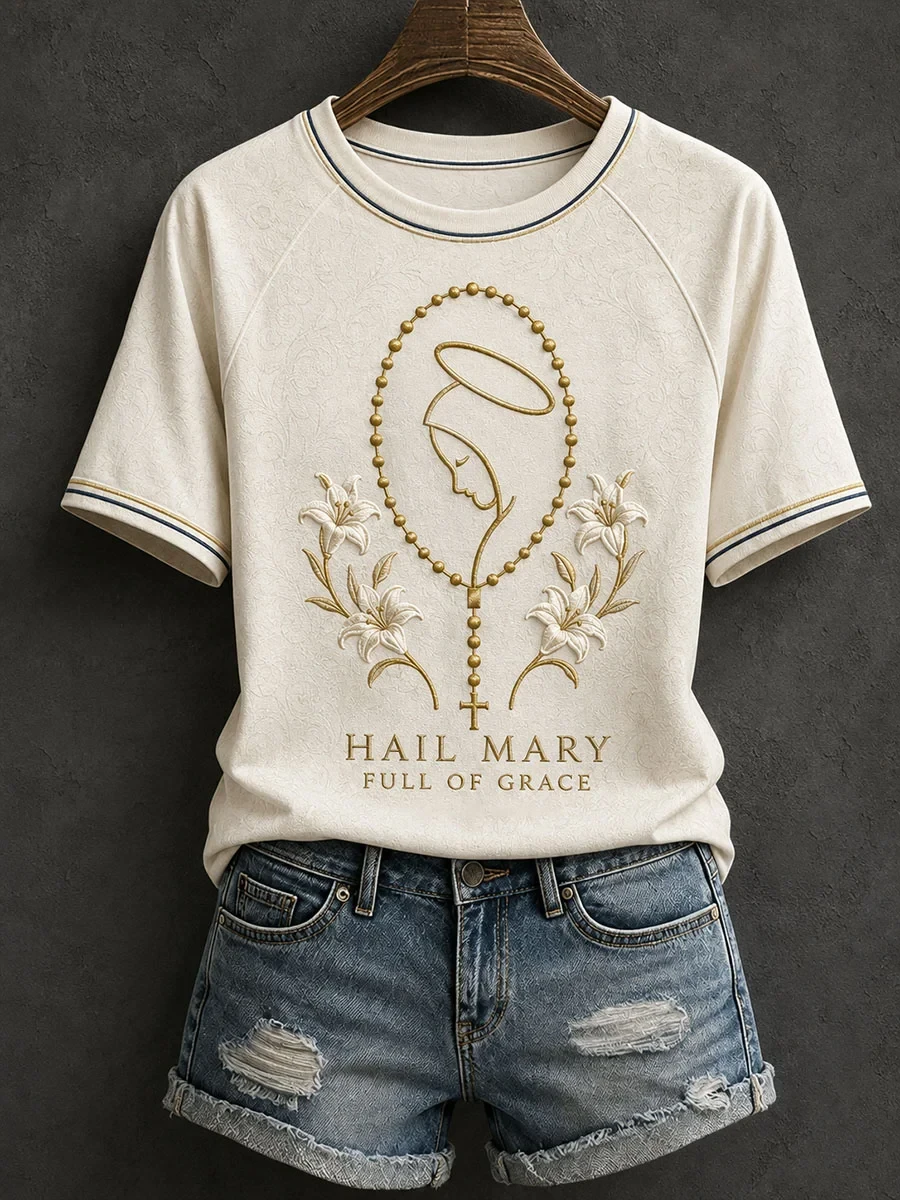 Hail Mary Full Of Grace T-Shirt Floral and Rosasy Shirt Christian Gifts For Mom - Kdjoy