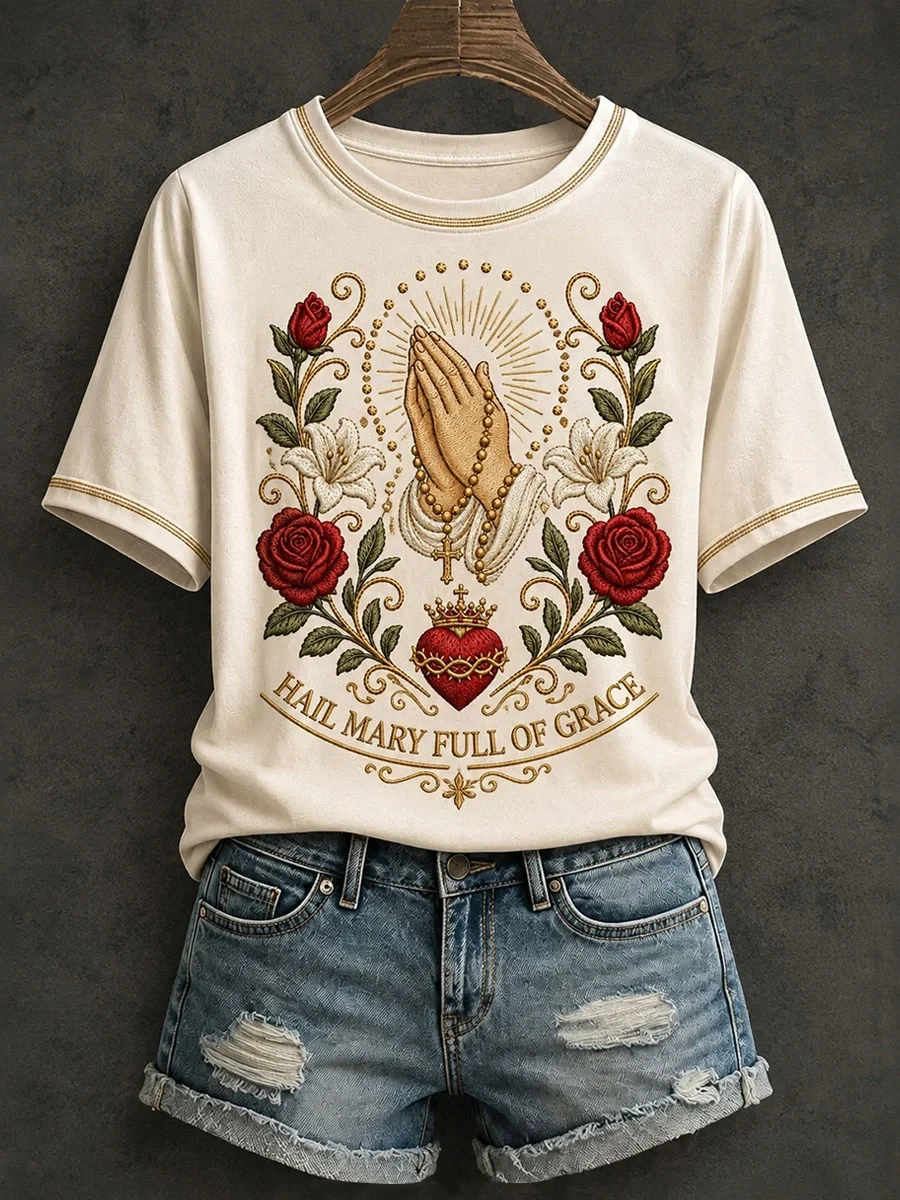 Hail Mary Full Of Grace T-Shirt Floral Catholic Shirt Christian Gifts For Women - Kdjoy