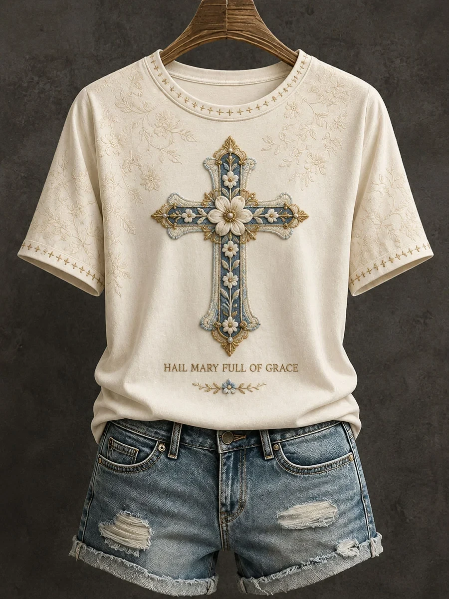 Hail Mary Full Of Grace T-Shirt Floral Cross Shirt Faith Based Apparel Gift For Christian Mom - Kdjoy
