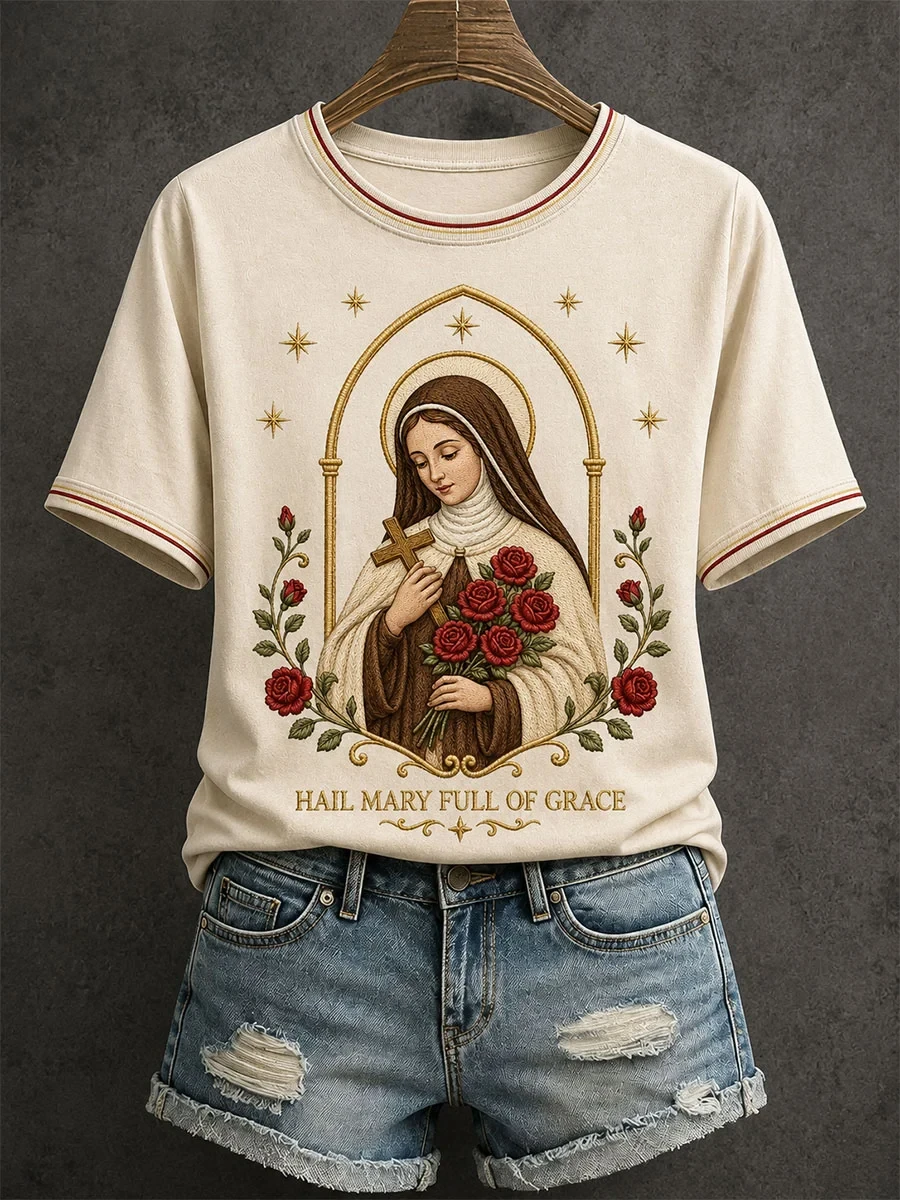 Hail Mary Full Of Grace T-Shirt Saint Theresa Shirt Catholic Apparel Gift for Mom - Kdjoy