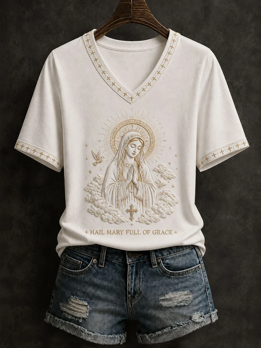 Hail Mary Full Of Grace V-Neck Shirt Christian Apparel Gifts For Mary Lovers - Kdjoy Hail Mary Full Of Grace V-Neck Shirt Christian Apparel Gifts For Mary Lovers - Kdjoy