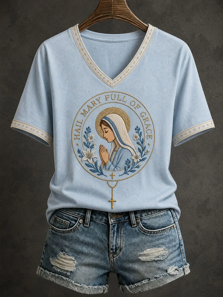 Hail Mary Full Of Grace V-Neck Shirt Christian Apparel Gifts For Mother - Kdjoy