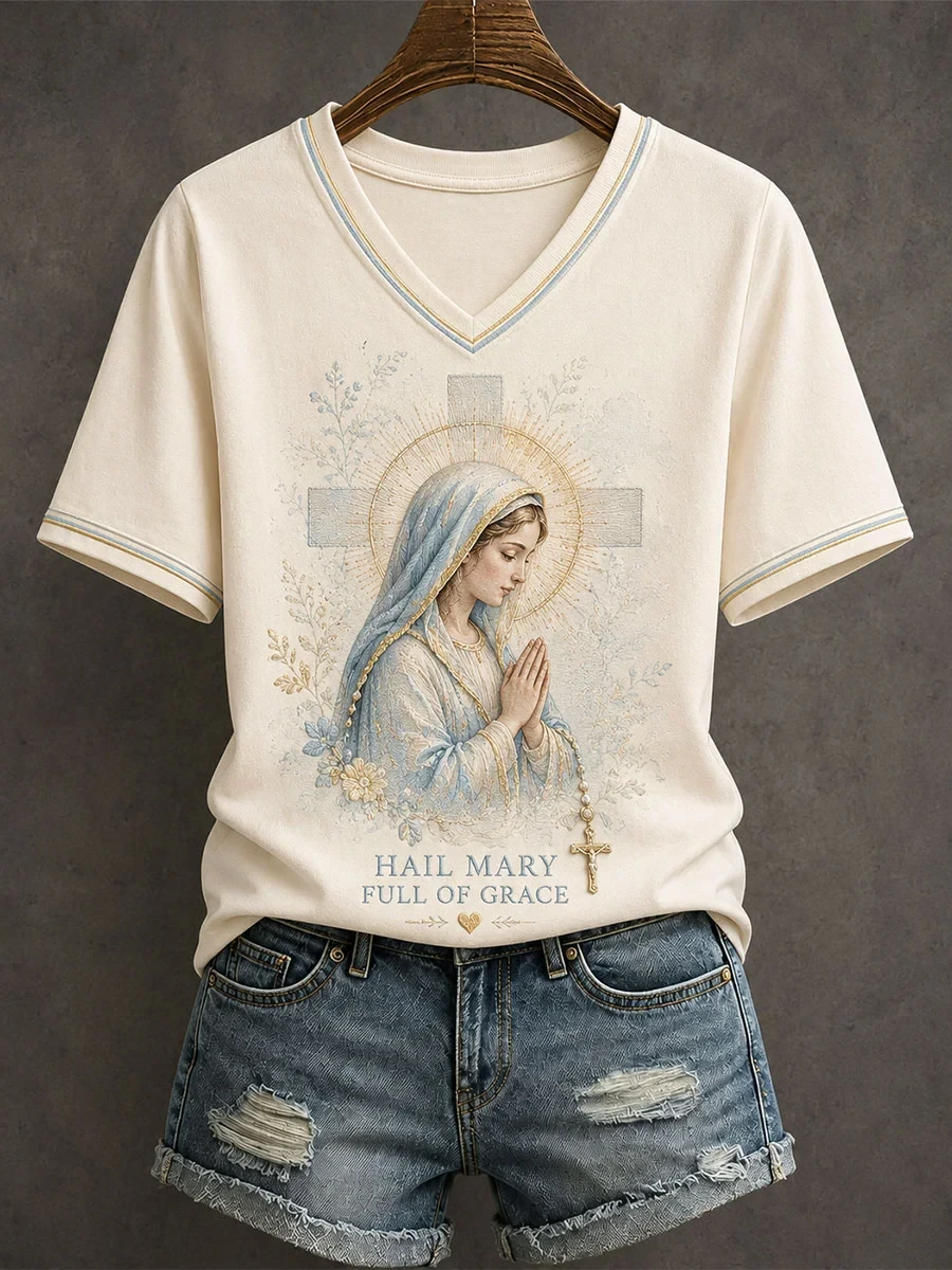 Hail Mary Full Of Grace V-Neck Shirt Christian Faith Apparel Unique Religious Gifts - Kdjoy Hail Mary Full Of Grace V-Neck Shirt Christian Faith Apparel Unique Religious Gifts - Kdjoy