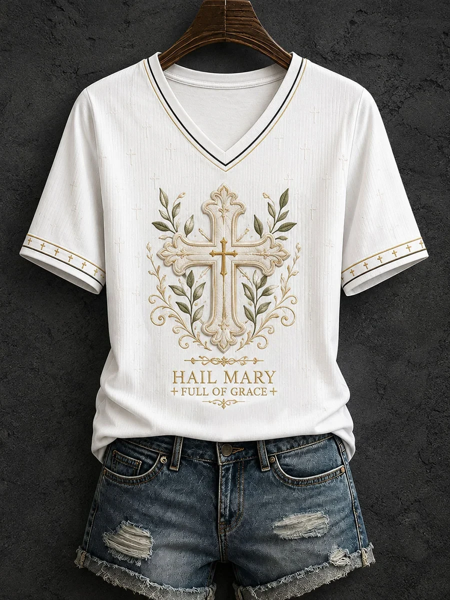 Hail Mary Full Of Grace V-Neck Shirt Christian Faith Clothing Gifts For Religious Woman - Kdjoy Hail Mary Full Of Grace V-Neck Shirt Christian Faith Clothing Gifts For Religious Woman - Kdjoy