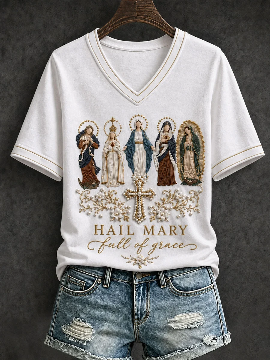 Hail Mary Full Of Grace V-Neck Shirt Elevated Faith Clothing Christian Gifts For Ladies - Kdjoy Hail Mary Full Of Grace V-Neck Shirt Elevated Faith Clothing Christian Gifts For Ladies - Kdjoy