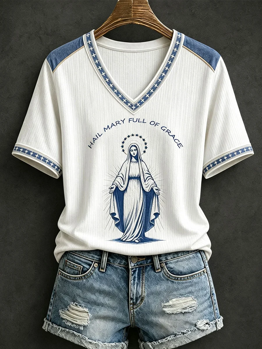 Hail Mary Full Of Grace V-Neck Shirt Faith And Love Clothing Gifts For Religious - Kdjoy Hail Mary Full Of Grace V-Neck Shirt Faith And Love Clothing Gifts For Religious - Kdjoy