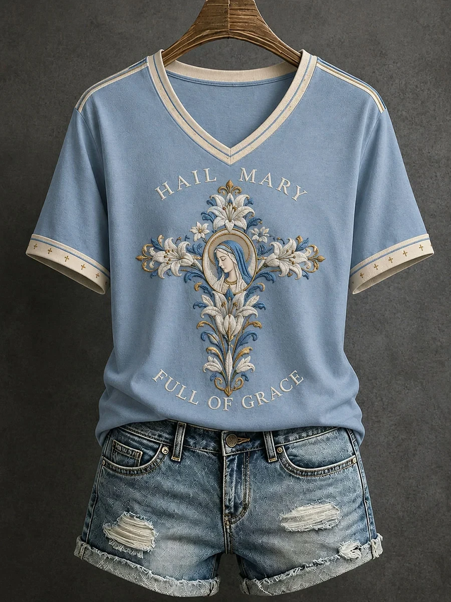 Hail Mary Full Of Grace V-Neck Shirt Faith Based Apparel Catholic Gifts Ideas - Kdjoy
