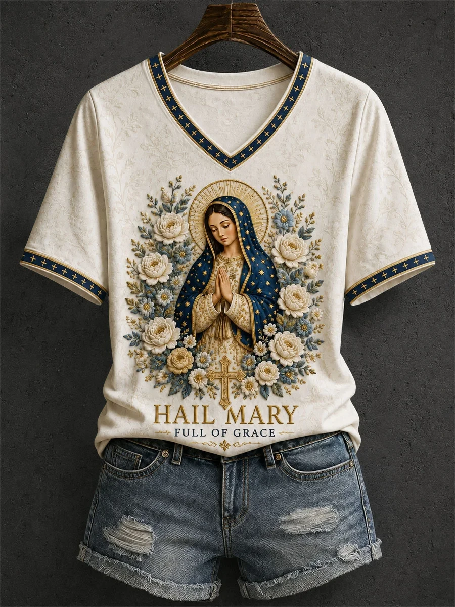 Hail Mary Full Of Grace V-Neck Shirt Faith Based Apparel Christian Gift For Mama - Kdjoy Hail Mary Full Of Grace V-Neck Shirt Faith Based Apparel Christian Gift For Mama - Kdjoy