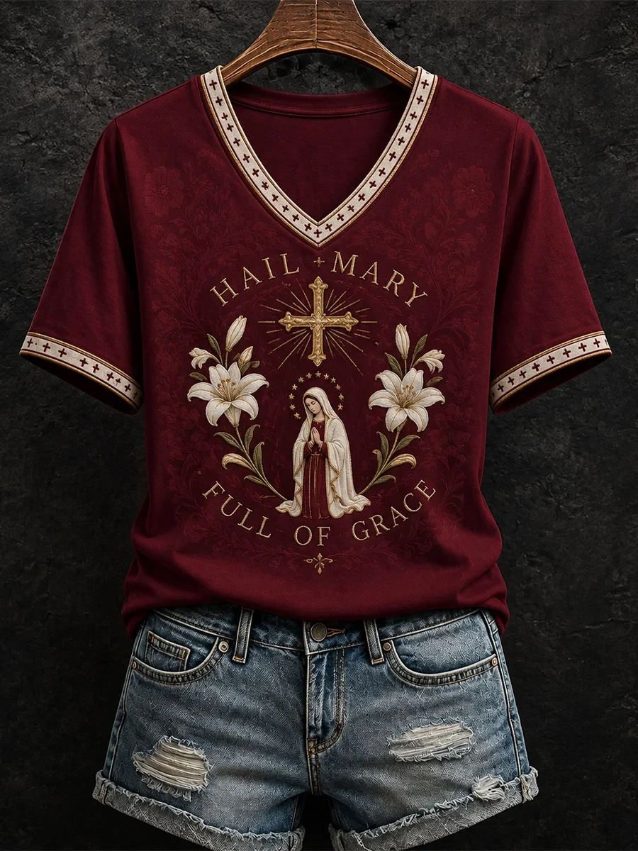 Hail Mary Full Of Grace V-Neck Shirt Faith Based Clothing Lines Unique Christian Gifts - Kdjoy