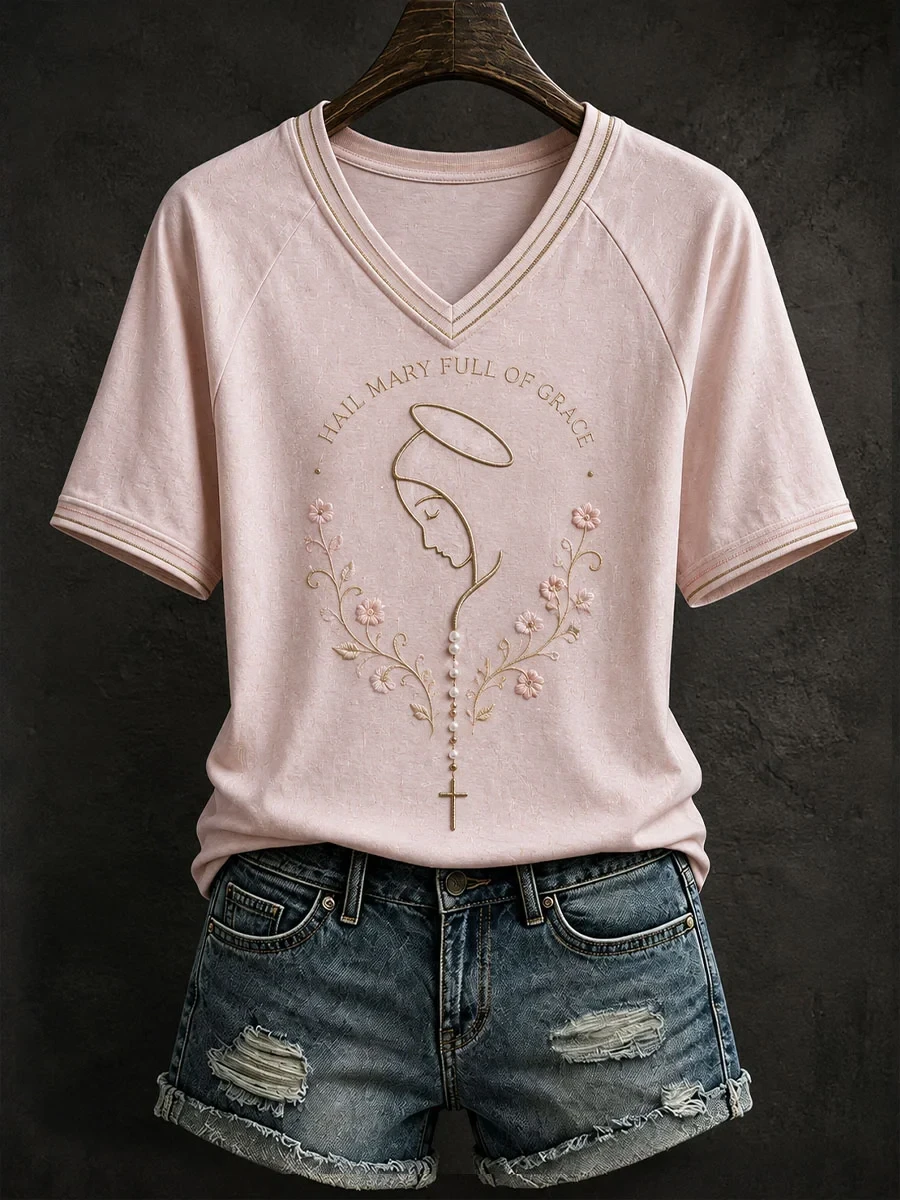 Hail Mary Full Of Grace V-Neck Shirt Faith Based Clothing Stores Gifts For Religious - Kdjoy Hail Mary Full Of Grace V-Neck Shirt Faith Based Clothing Stores Gifts For Religious - Kdjoy