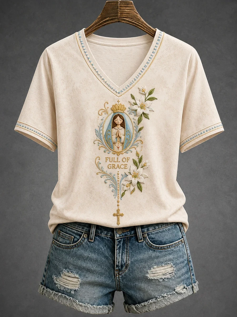 Hail Mary Full Of Grace V-Neck Shirt Faith Based Outfits Gift For Mary Lovers - Kdjoy