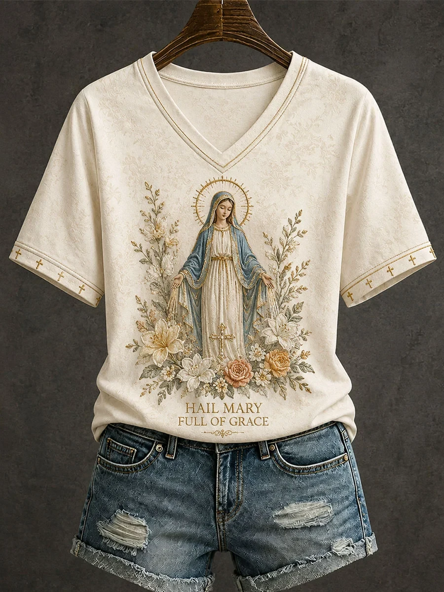 Hail Mary Full Of Grace V-Neck Shirt Faith Inspired Clothing Religious Gifts For Her - Kdjoy Hail Mary Full Of Grace V-Neck Shirt Faith Inspired Clothing Religious Gifts For Her - Kdjoy