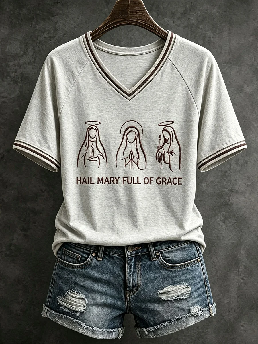Hail Mary Full Of Grace V-Neck Shirt Womens Catholic Apparel Faith Based Gifts - Kdjoy Hail Mary Full Of Grace V-Neck Shirt Womens Catholic Apparel Faith Based Gifts - Kdjoy