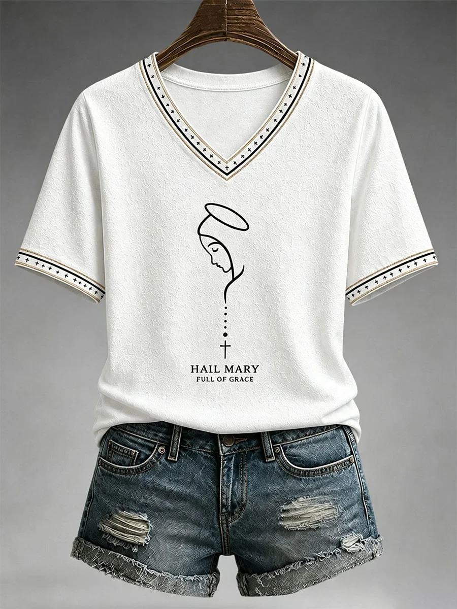 Hail Mary Full Of Grace V-NecK T-Shirt Women's Faith Based Apparel Christian Present Ideas - Kdjoy Hail Mary Full Of Grace V-NecK T-Shirt Women's Faith Based Apparel Christian Present Ideas - Kdjoy