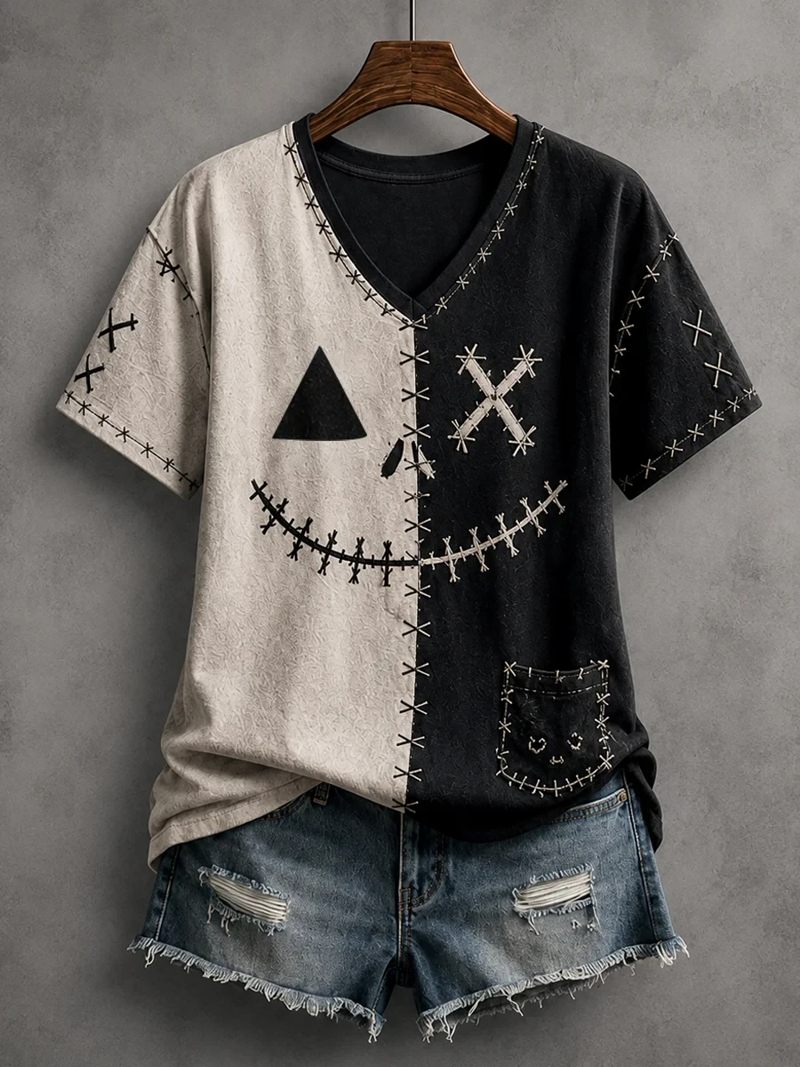 Half Black Half Beige Stitched Face V-Neck Shirt Halloween Voodoo Doll Tee Spooky Season Gift - Kdjoy Half Black Half Beige Stitched Face V-Neck Shirt Halloween Voodoo Doll Tee Spooky Season Gift - Kdjoy