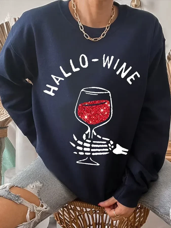 Hallo-Wine Red Wine Skeleton Sweatshirt Funny Halloween Shirts Gift For Wine Lovers - Kdjoy