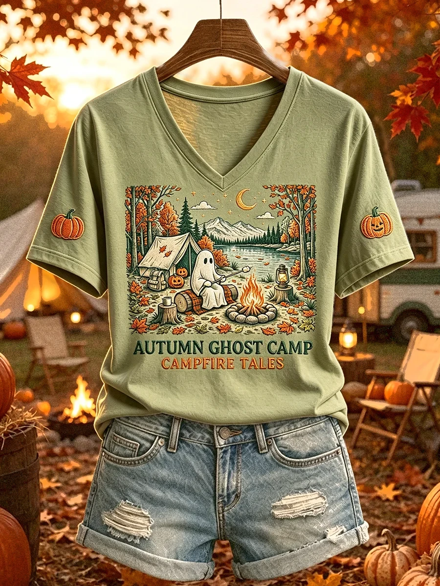 Halloween Autumn Ghost Camp V-Neck Shirt Campfire Tales Fall Trendy Clothes Halloween Present - Kdjoy Halloween Autumn Ghost Camp V-Neck Shirt Campfire Tales Fall Trendy Clothes Halloween Present - Kdjoy