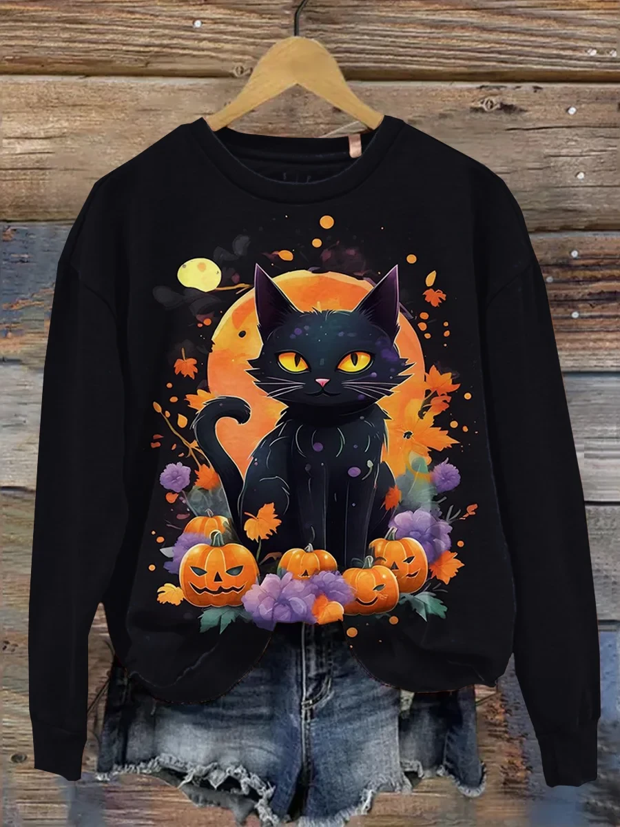 Halloween Black Cat And Pumpkin Long Sleeve Shirt Halloween Graphic Clothes Gift For Cat Lovers - Kdjoy