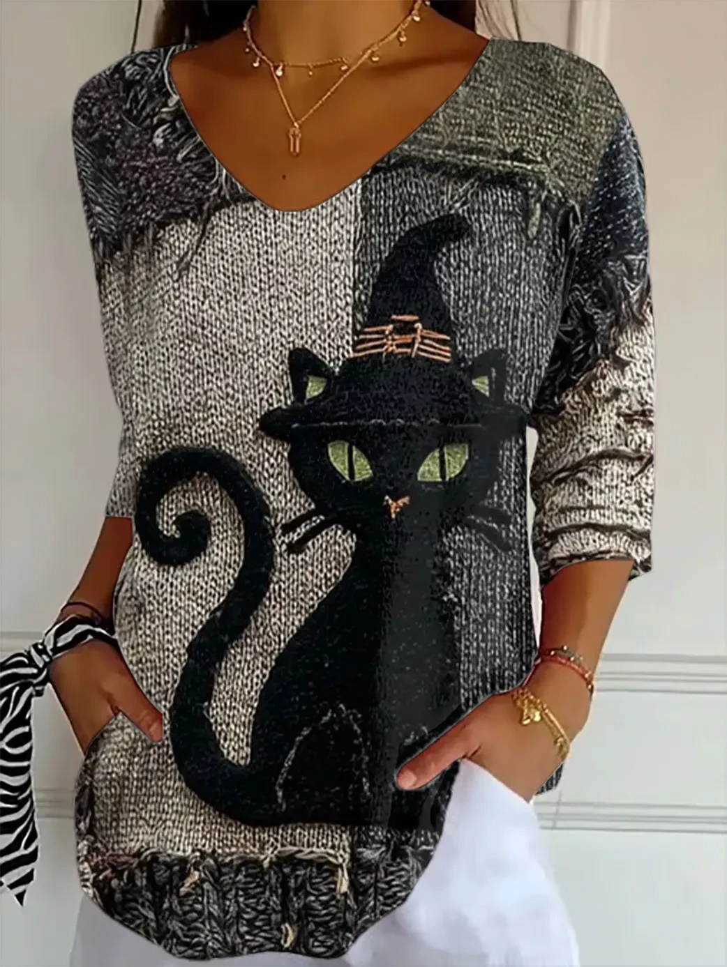 Halloween Black Cat Crop Sleeve V-Neck Shirt Women Halloween Clothes Gift For Cat Lovers - Kdjoy