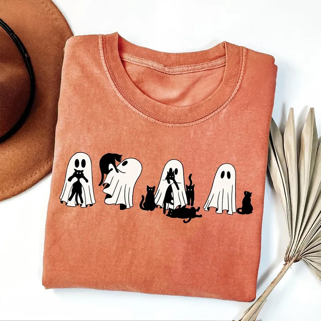 Halloween Black Cat Ghost Shirt Spooky Season Tee Halloween Cute Women Outfits For Cat Lovers - Kdjoy