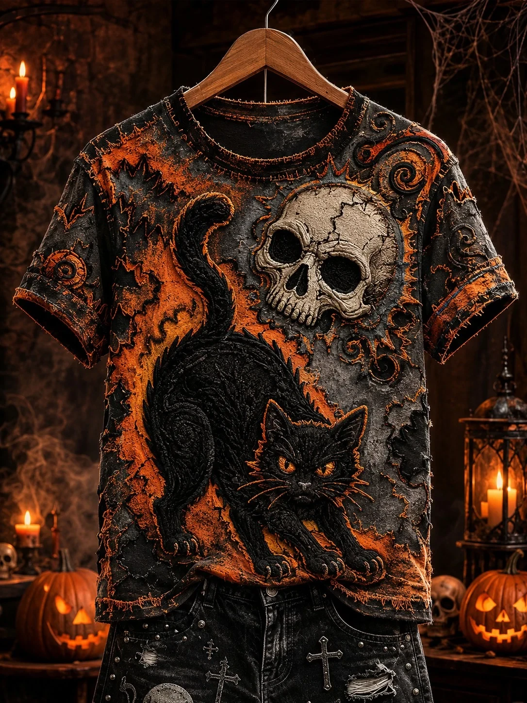 Halloween Black Cat Shirt Spooky Skull T-Shirt Halloween Gift For Cat Lovers - Kdjoy