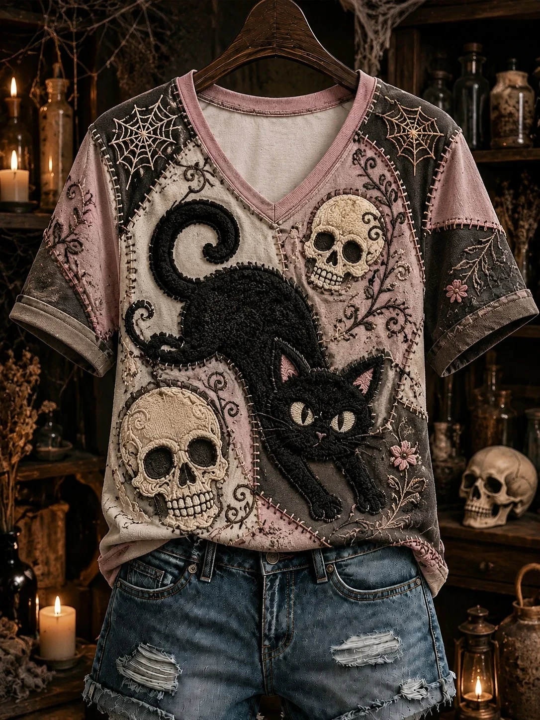 Halloween Black Cat V-Neck Shirt Skull Gothic Themed Apparel Gift For Cat Lovers - Kdjoy