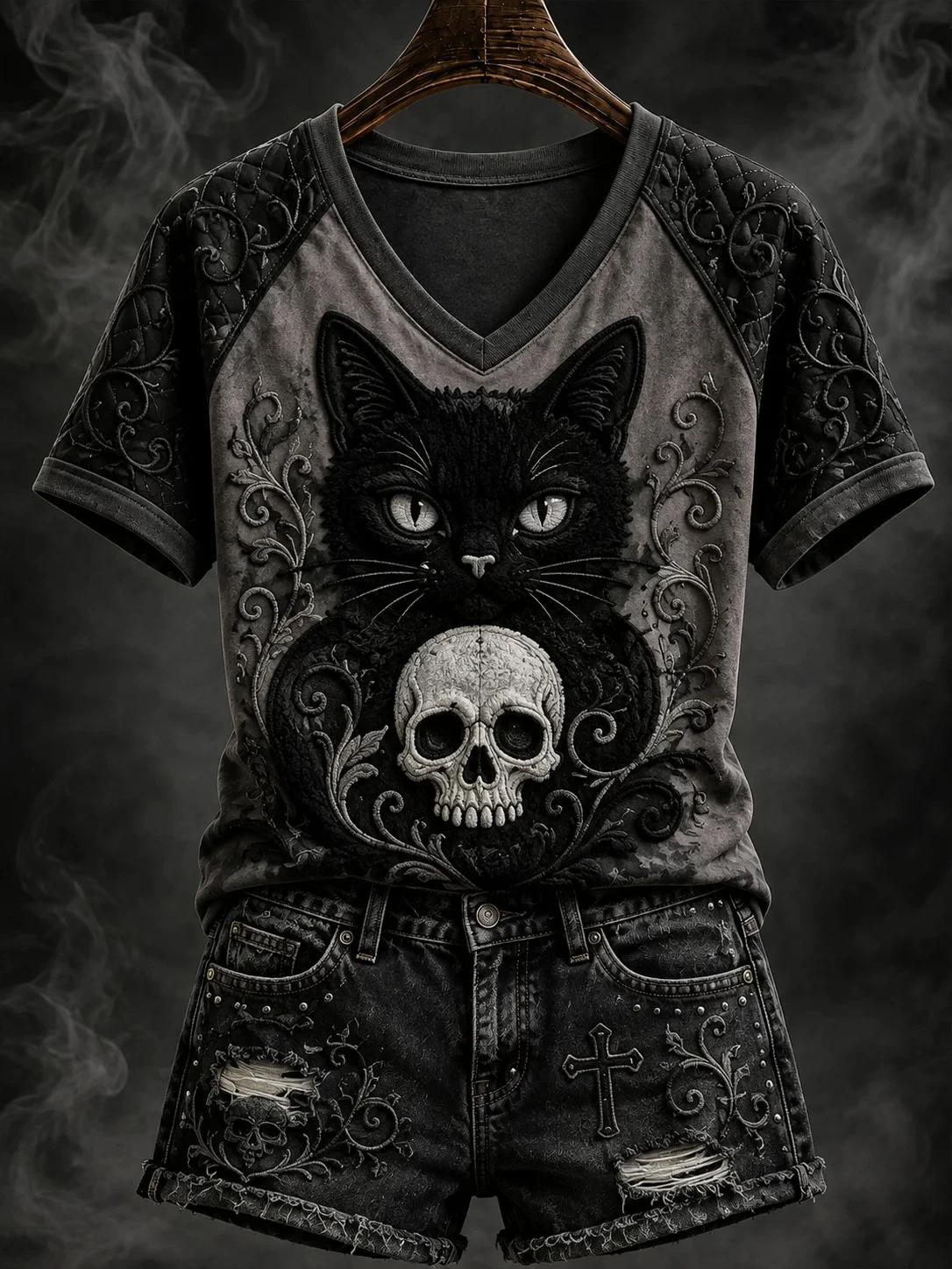 Halloween Black Cat V-Neck Shirt Spooky Season Apparel Gifts For Cat Lovers - Kdjoy Halloween Black Cat V-Neck Shirt Spooky Season Apparel Gifts For Cat Lovers - Kdjoy