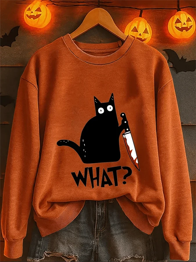 Halloween Black Cat What Warm Sweatshirt Black Cat Holding Knife Spooky Merch Gifts For Fans - Kdjoy Halloween Black Cat What Warm Sweatshirt Black Cat Holding Knife Spooky Merch Gifts For Fans - Kdjoy