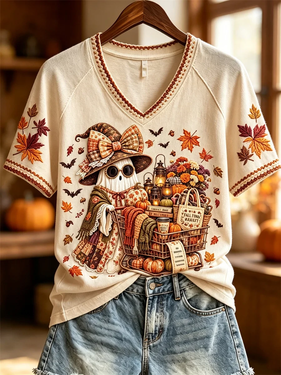 Halloween Boho Ghost Fall Shopping V-Neck Shirt Cute Fall Season Outfits Gift For Halloween - Kdjoy